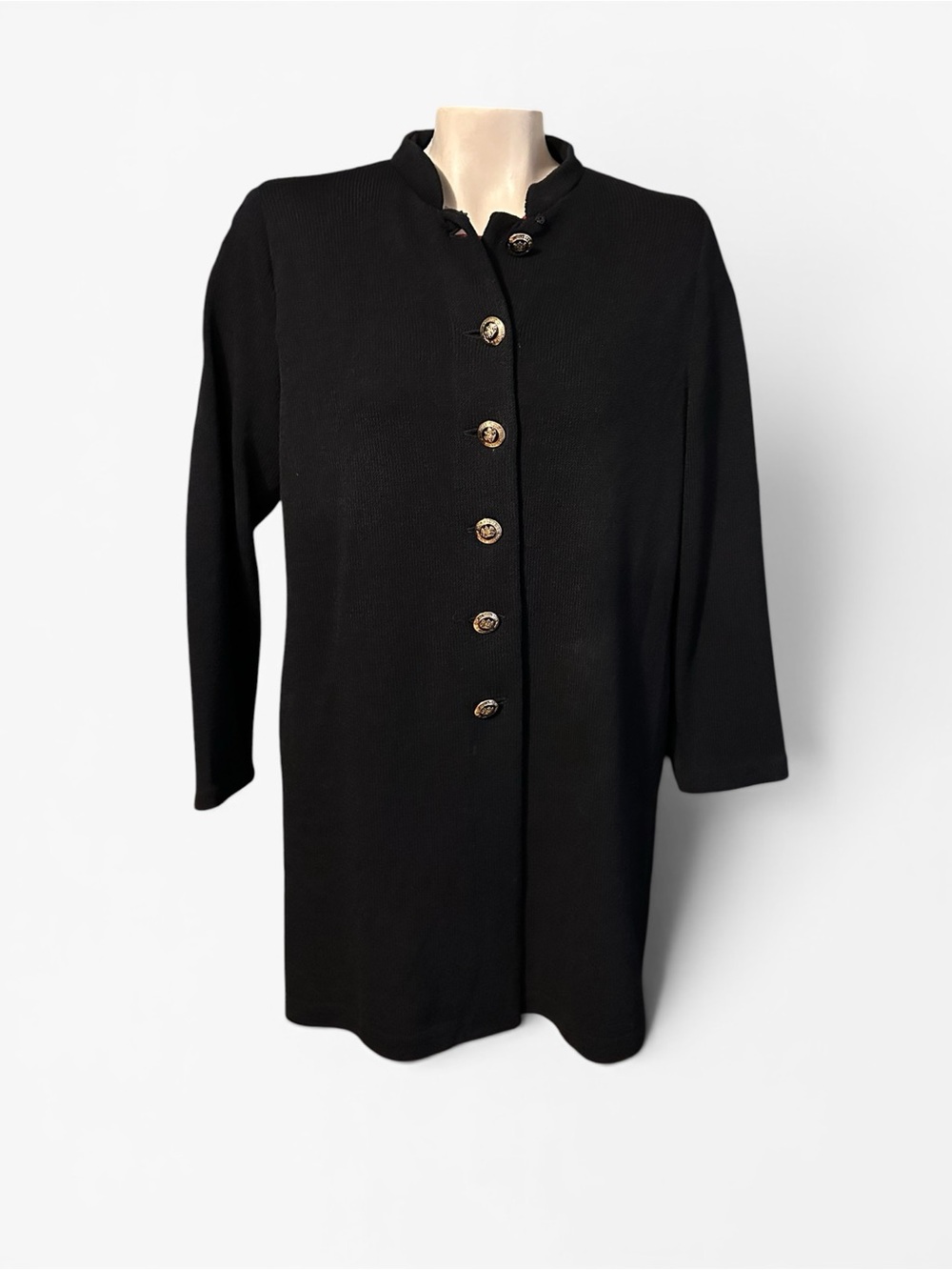 Vintage St. John Black Santana Knit Long Cardigan Jacket Gold Logo Buttons L